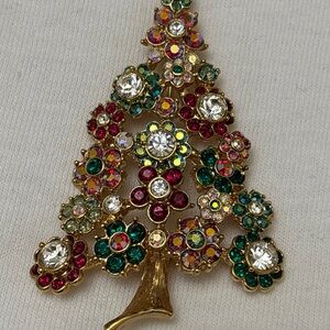KIRKS FOLLY Christmas Tree Brooch Pin Goldtone AB Crystal Flowers Holiday